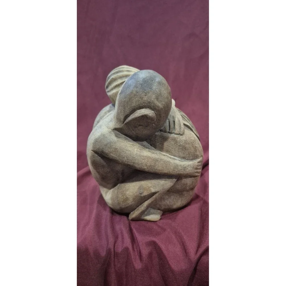 Hand Carved Wood Sculpture People Hugging Embracing THE HUG Heavy Love Vintage